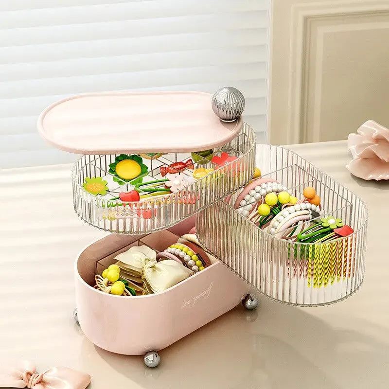1pc Pink/White Rotating Jewelry Storage Box 3 Layers Plastic Stand Earrings Ring Box Cosmetics Beauty Organizer
