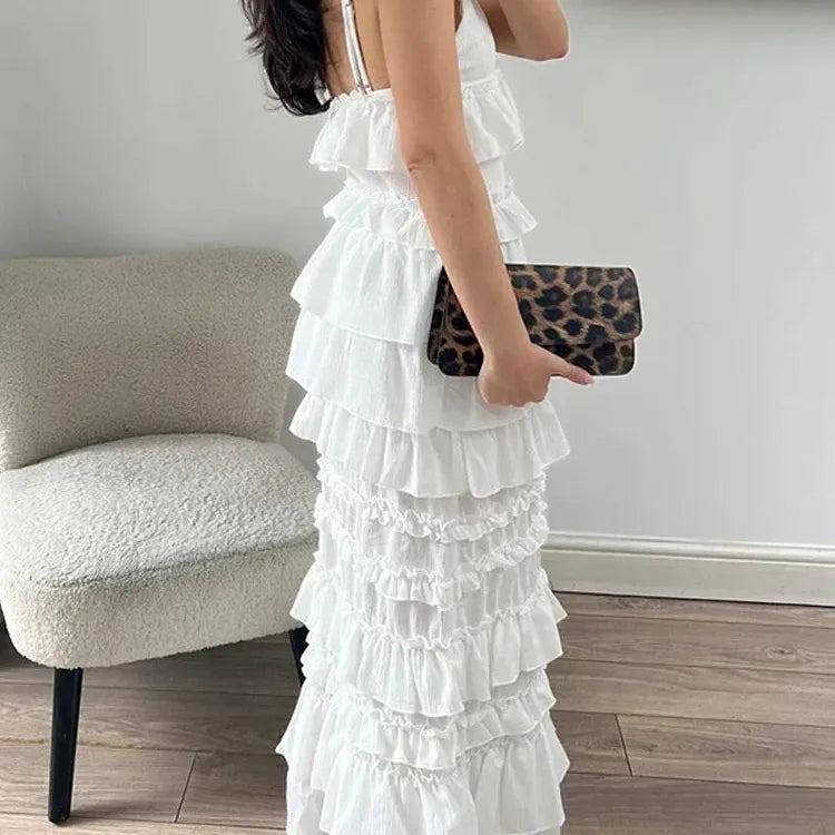 Women Elegant Solid Layered Ruffles Sling Maxi Dress Sexy V-neck Backless Sleeveless Slim Robe Summer Lady Holiday Vestidos 