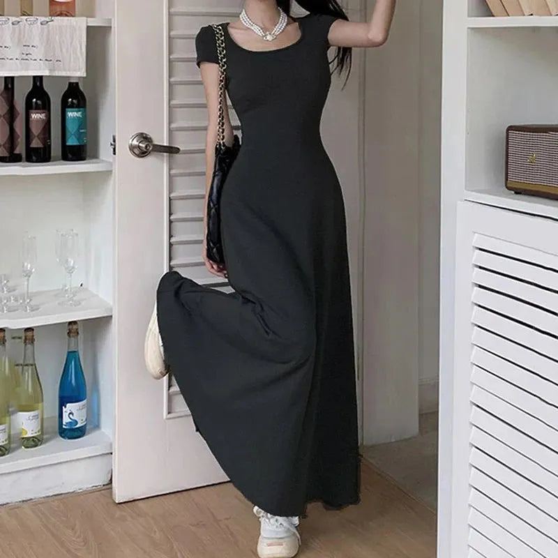 Rimocy Slim Fit Sexy Maxi Dresses for Women 2024 Summer Short Sleeve Bodycon Dress Woman Round Neck Party Club Sundress Ladies