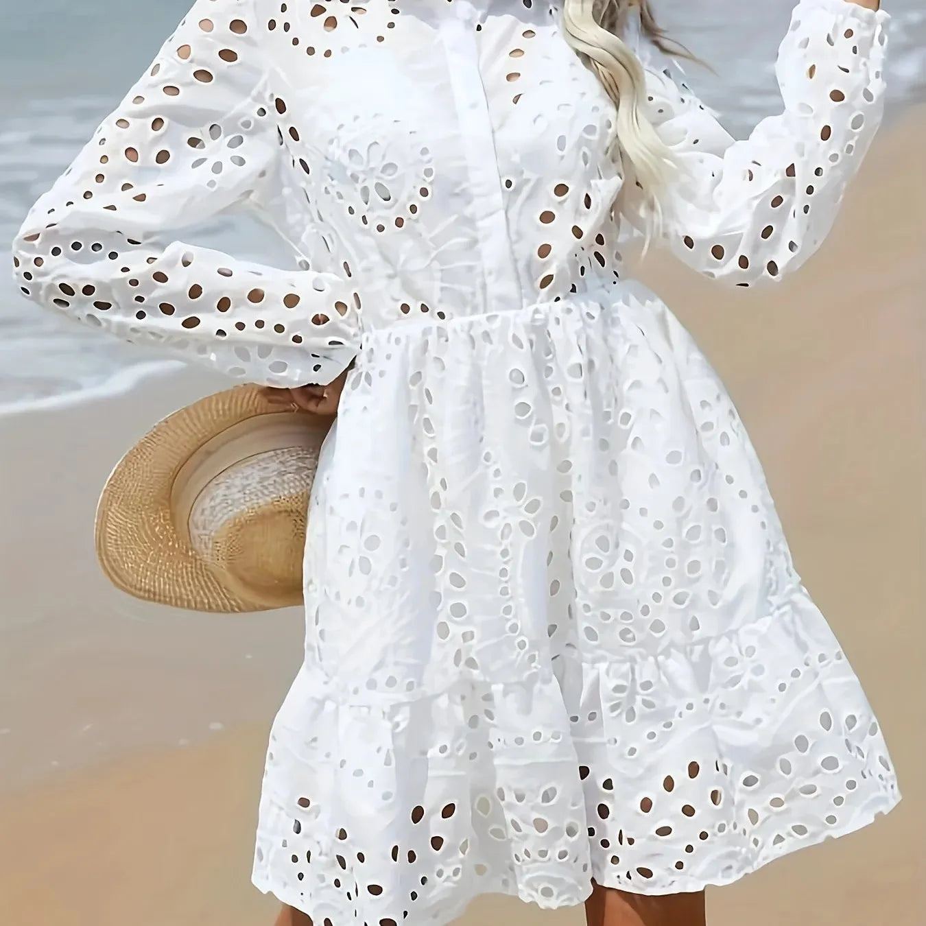 Solid Eyelet Collared Ruffle Hem Dress, Vacation Long Sleeve Waist Dress, Women's Clothing