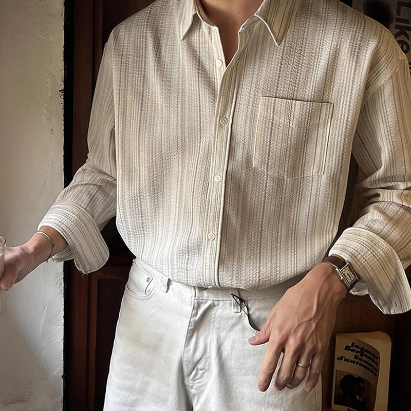 Vintage Striped Textured Mens Shirts Long Sleeve Button-up Turn-down Collar Casual Shirt 2025 Spring Autumn Trendy Slim Cardigan