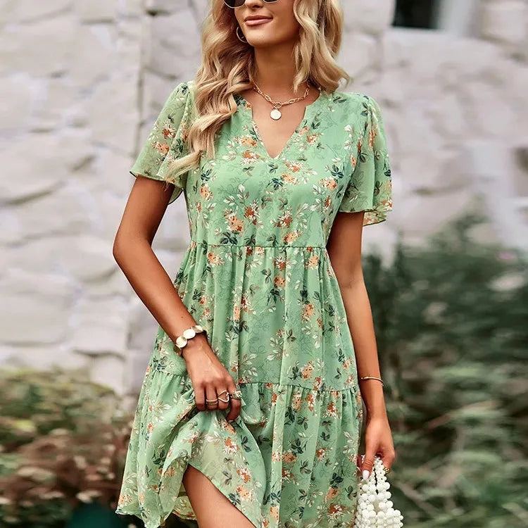 Spring Summer Fashion Women V Neck Short Sleeve Loose Chic Floral Printed Dress