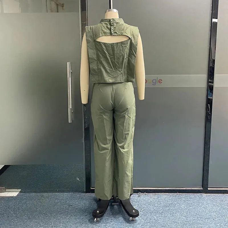 Women Two Piece Set Fashion Solid Sleeveless Crew Hollow Out Tank Top Loose With Pockets Cargo Pants Sets Streetwear