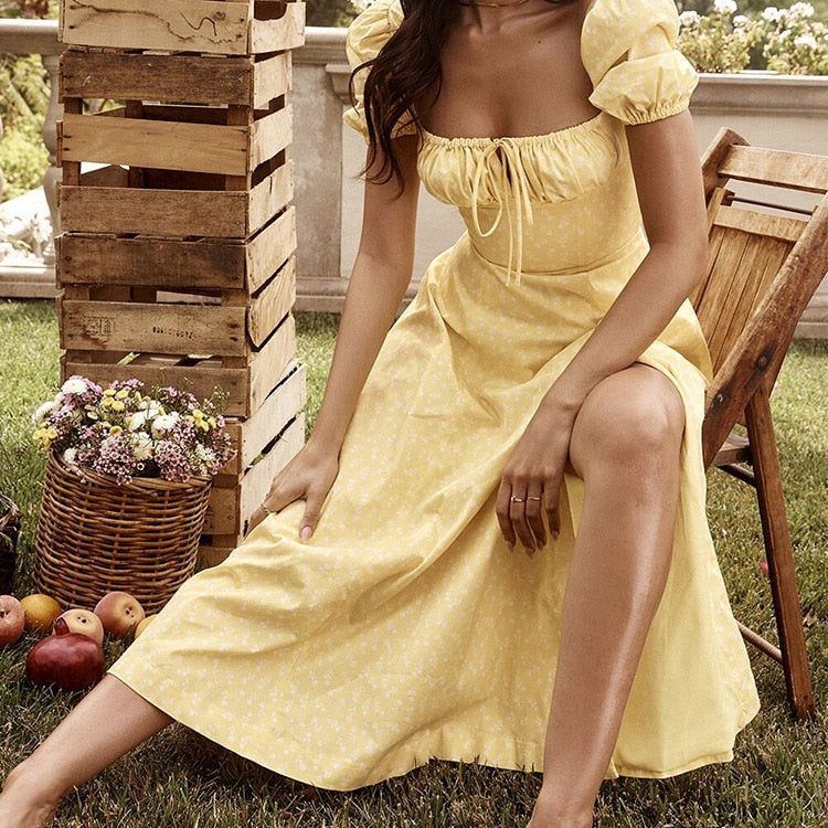 Dress Women Summer Puff Sleeve Square Collar Sundress Chic A-line Split Vintage dresses - Jointcorp