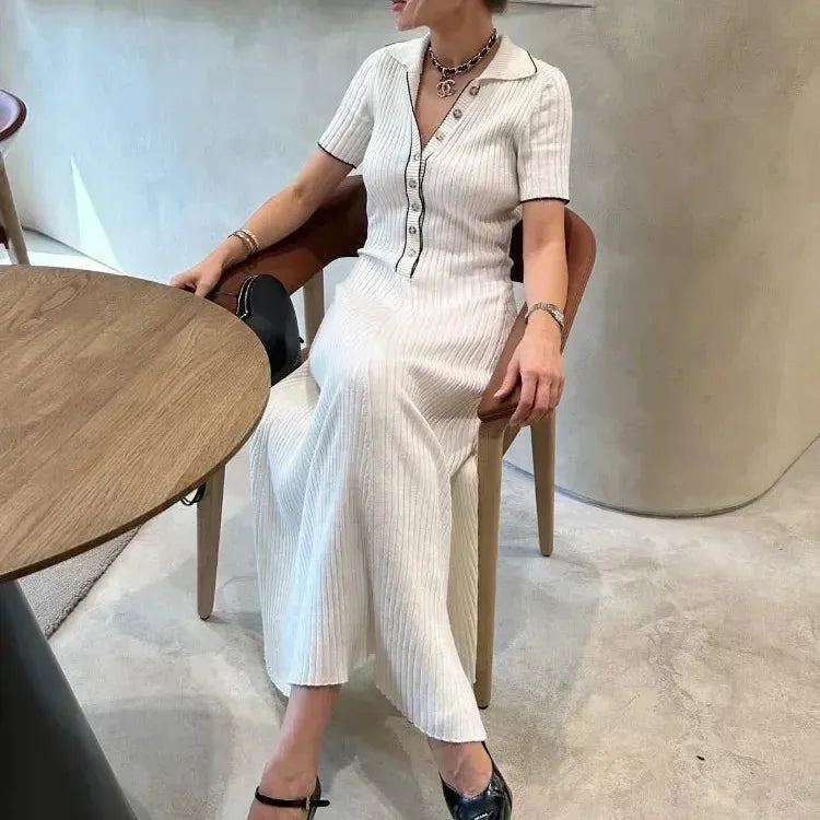 Tossy White Knit Fashion Maxi Dress For Women Short Sleeve Patchwork Elegant Party Dress Lapel High Waist Knitwear Women's Dress