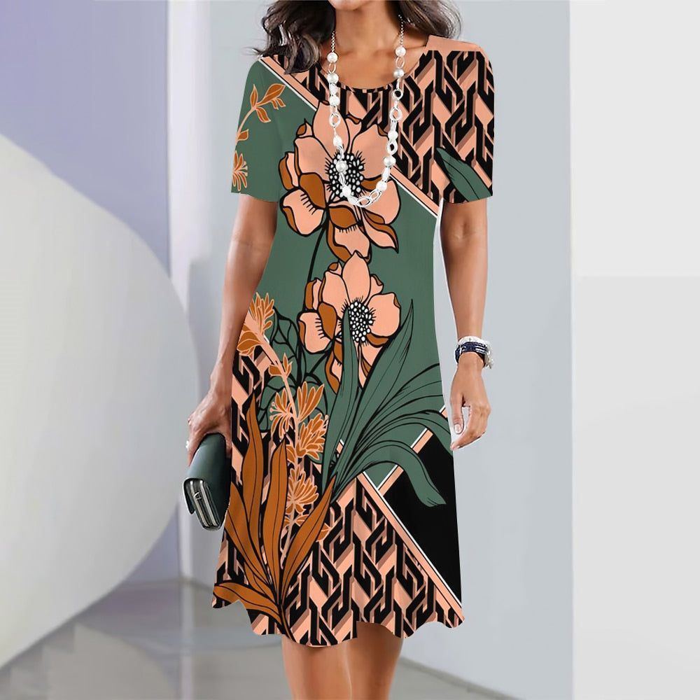 Dresses fashion for Women New 2023 Summer Plus Size Clothing Outdoor Party Dresses Short Sleeve O-Neck Women Long Knee Pullover
