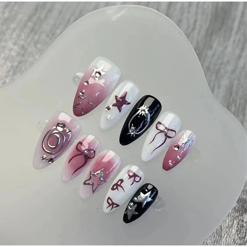 Pink Handmade Press on Nails Full Cover Bow Tie French Wearable Fake Nails 5D Embossed Nail Art Supplies Slider Accessories 