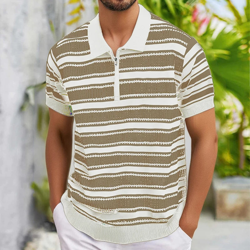 Fashion Striped Knitting Polo Shirts Men Short Sleeve Zip-up Polo Collar Shirt For Men Spring Summer Vintage Knitted Polo Shirt