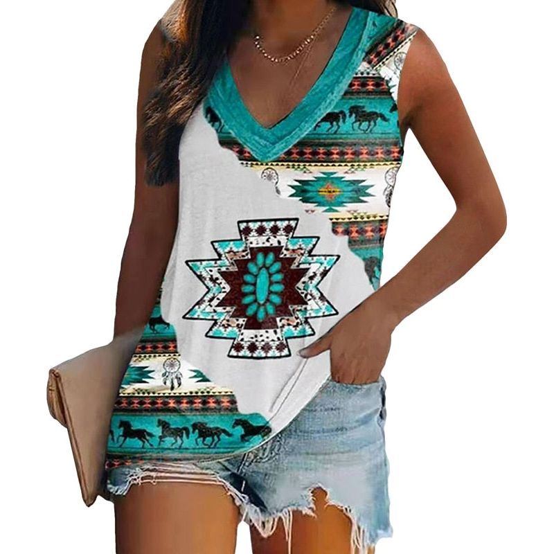 Women Ethnic Style Sleeveless T-shirt Vest Multi-pattern Print V-neck Casual Loose Shirts T-shirts with prints