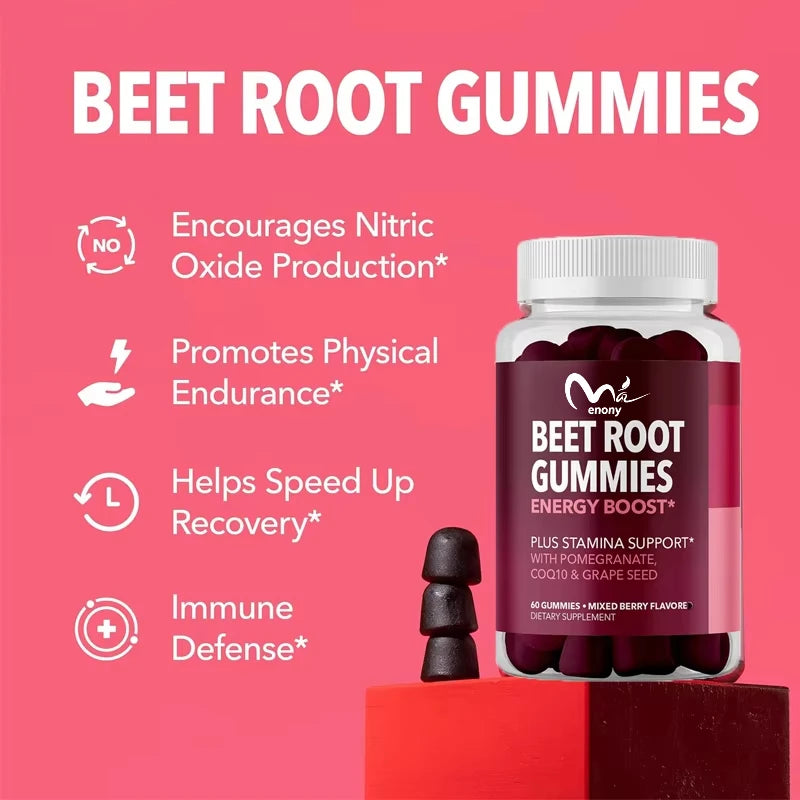 Beet root gummies contain coenzyme Q10 energy supplements and pomegranate extract, supporting 60 healthy energy pills