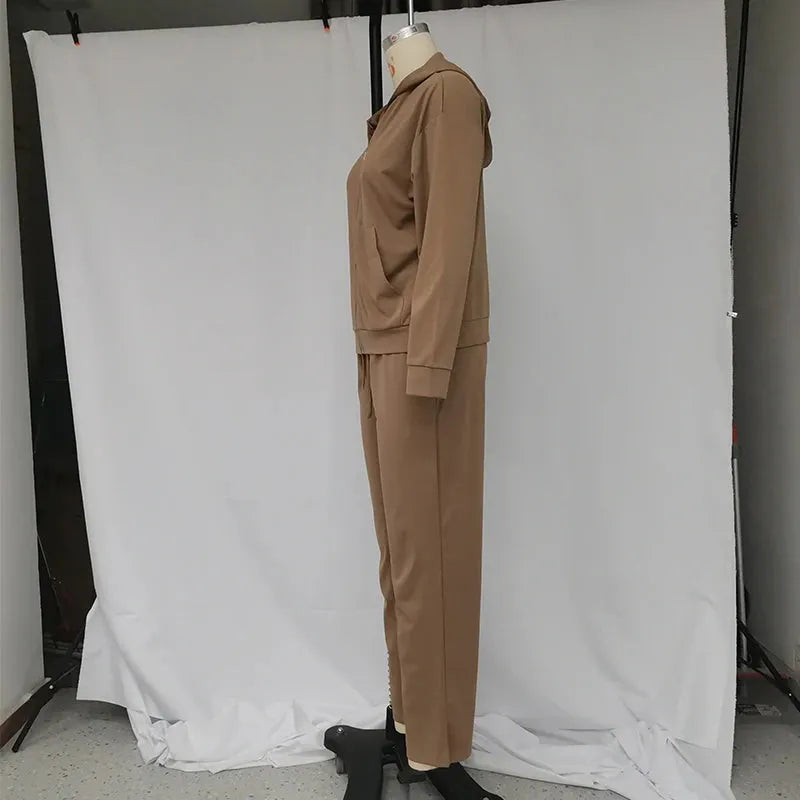 Women Two Piece Set Autumn Winter Casual Long Sleeve Solid Hooded Zippered Top Loose Pants Drawstring Lace Up Pant Set