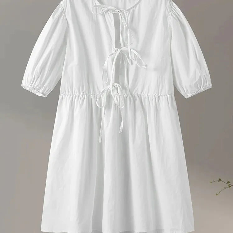 Street Lace Up Hollow Out Dress Women Elegant Puff Sleeve Loose Female Mini Dresses 2024 Summer Cotton Casual Sweet Short Robe