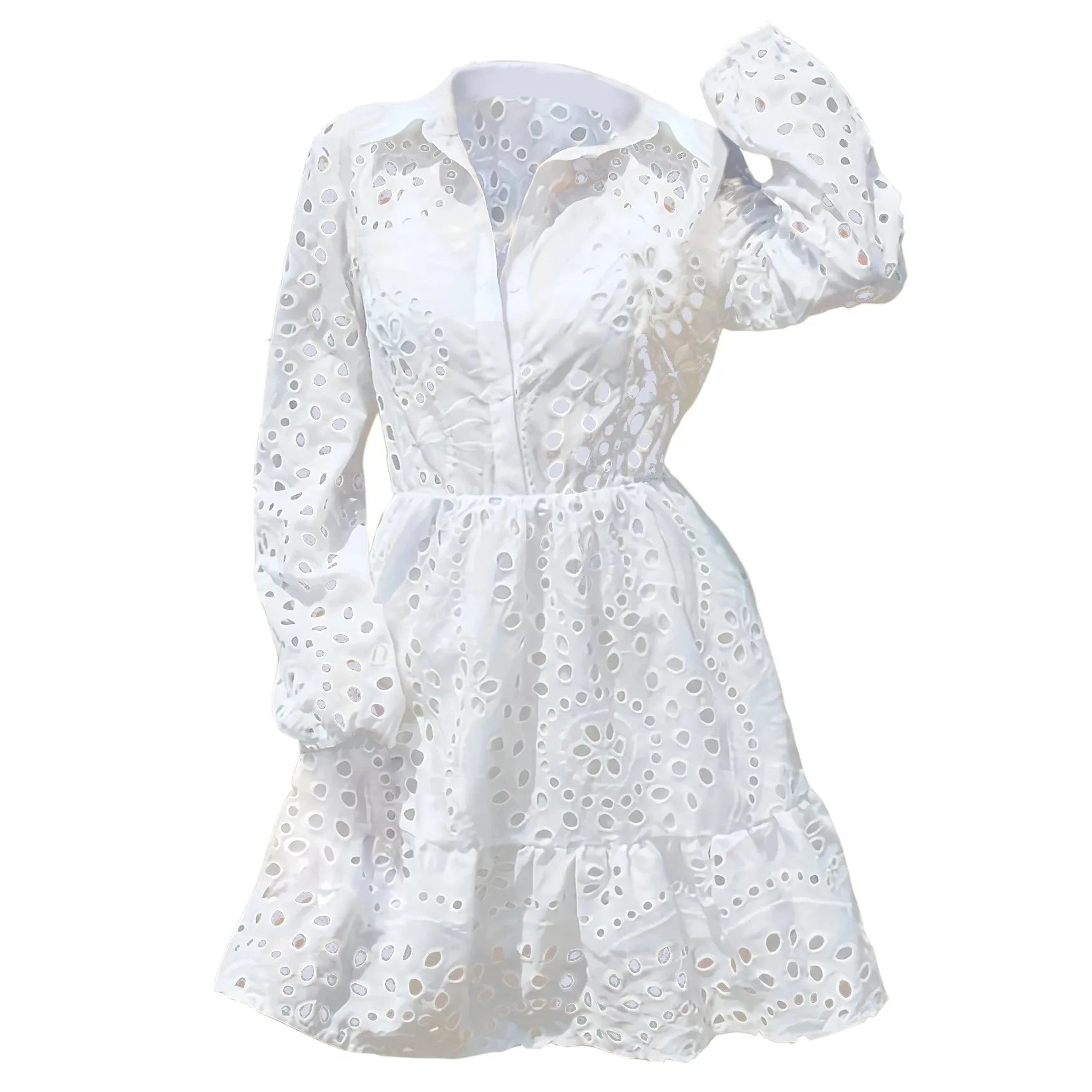 Solid Eyelet Collared Ruffle Hem Dress, Vacation Long Sleeve Waist Dress, Women's Clothing