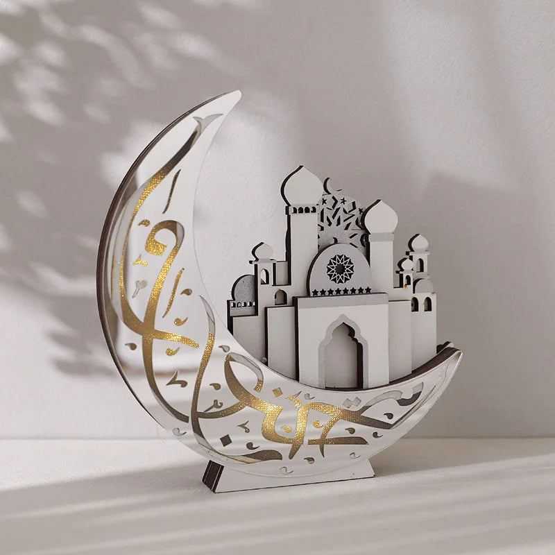 Ramadan Wooden Moon Mosque Night Light Table Ornament EID Mubarak Party Lights 2025 Islam Muslim Home Decoration Eid Al Adha