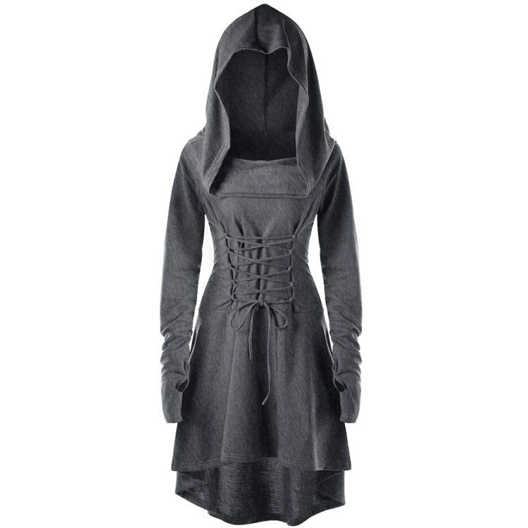 Medieval Women Archer Costume Long Sleeve Hooded Pixie Cosplay Dress Renaissance Femal Hunter Larp Robe Bandage Plus size s-4XL