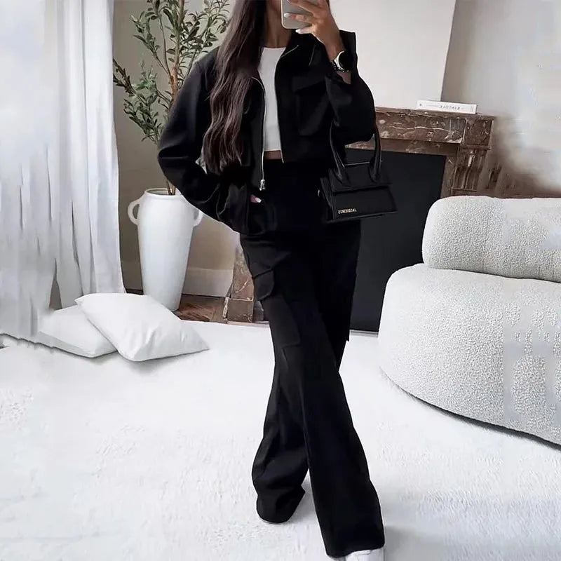 Women Two Piece Set Autumn Fashion Solid Zipper Lapel Short Jacket Top Loose Overalls Cargo Pockets Pants Streetwear