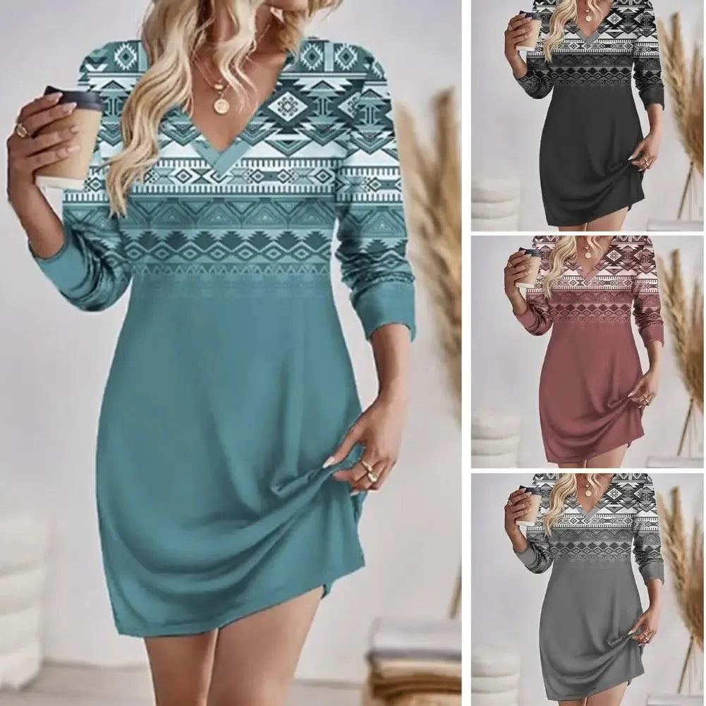 Autumn Dress Geometric Print V Neck Long Sleeve Mini Dress for Women Retro Gradient Contrast Color Pullover Soft Breathable