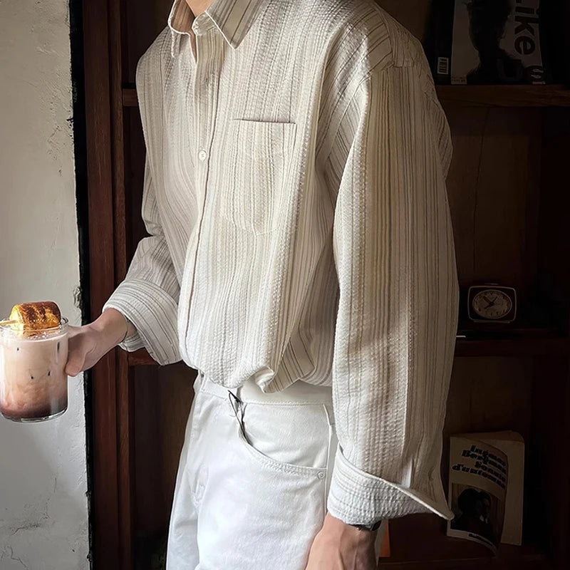 Vintage Striped Textured Mens Shirts Long Sleeve Button-up Turn-down Collar Casual Shirt 2025 Spring Autumn Trendy Slim Cardigan
