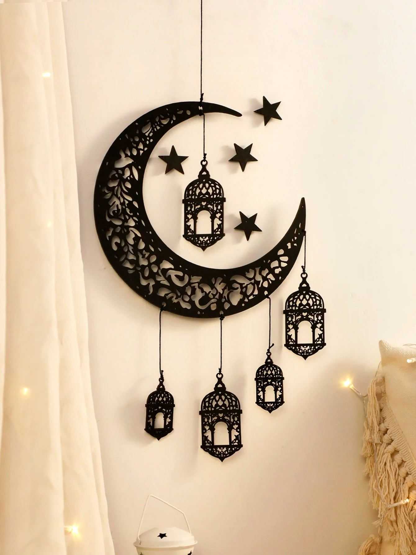 Wooden Hollow Moon and Star Lantern – DIY Ramadan Hanging Decor, Islamic Eid Mubarak Festival Decorations,Ornament Islamic Gifts