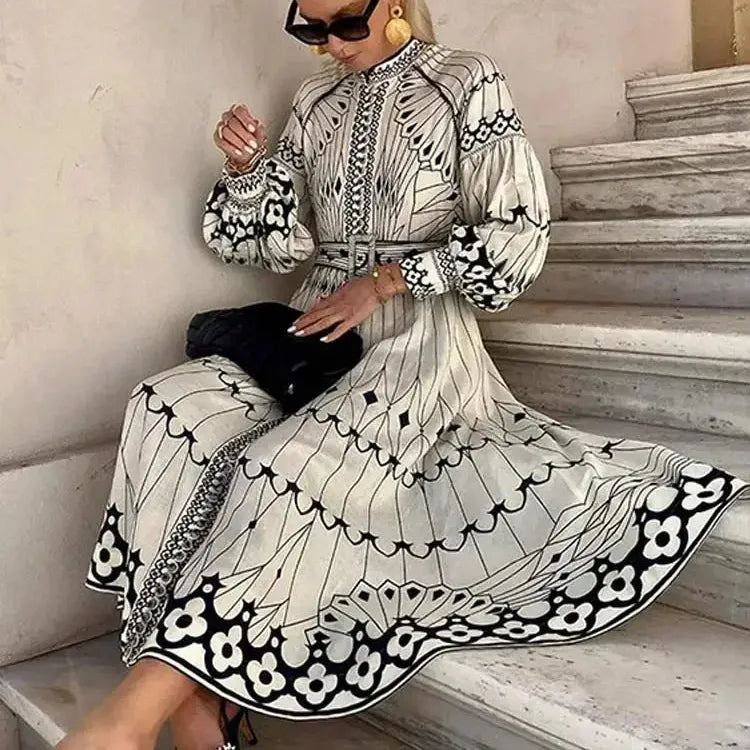 Women Vintage Patchwork Print Dress Lady Fashion Stand Collar Long Sleeve High Waist Midi Dresses Female Elegant Party Vestidos