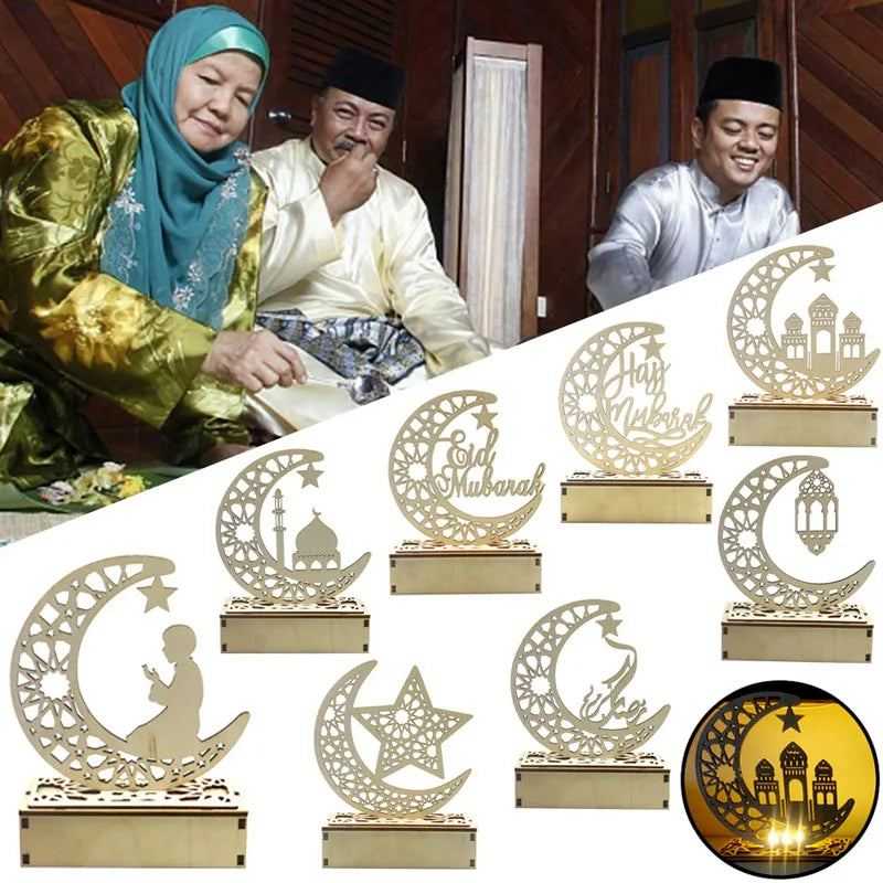 Ramadan Decoration For Home Eid al Fitr Moon Star LED Candle Lights Eid Mubarak Wooden Table Ornaments Islam Muslim Party Supply