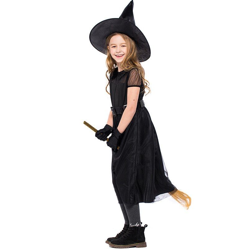 Cute Witch Costume for Kids Girls Pretty Black Fly Witch Costume Halloween Carnival Party Funny Cosplay Uniform