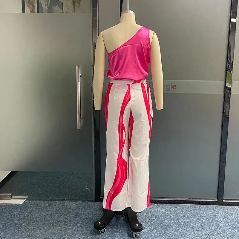Women Two Piece Sets Summer Casual Solid One Shoulder Metal Ring Sleeveless Top Loose Printed Wide Legs Pants Sets