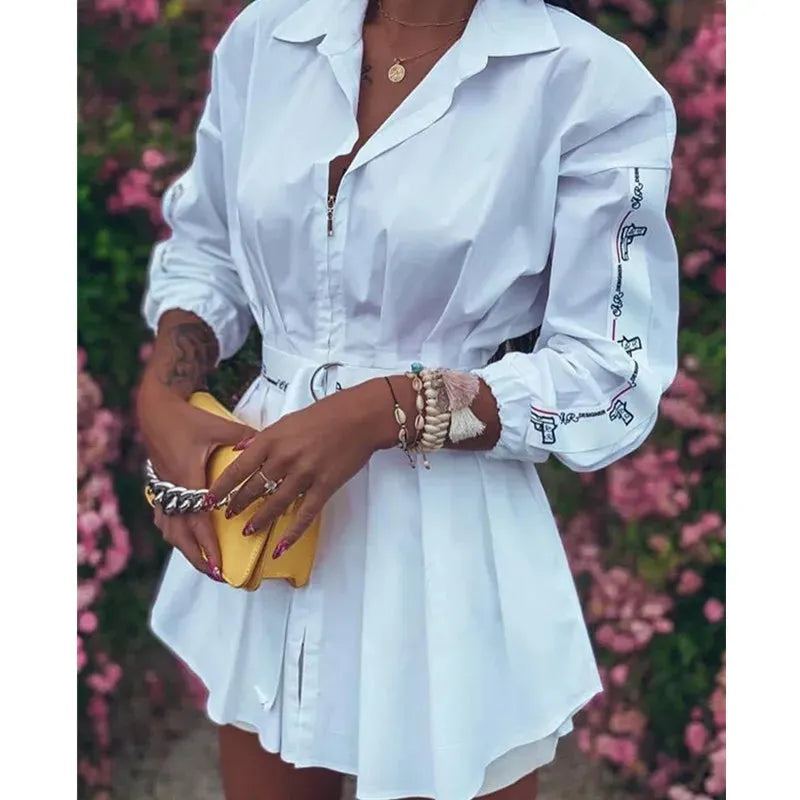 Fashion Long Sleeve Letter Print Shirt Dress Women Spring Pleated Lace Up Dresses For Women 2023 Office Elegant Zipper Vestidos
