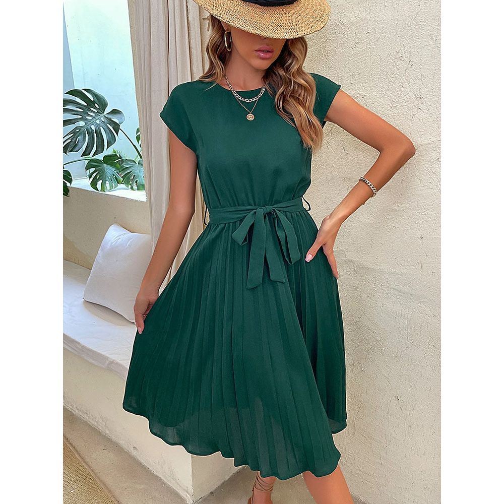 Dress for Women Summer Casual Beach Sundress Short Sleeve Pleated Midi Dress Soild Vintage dresses - Jointcorp