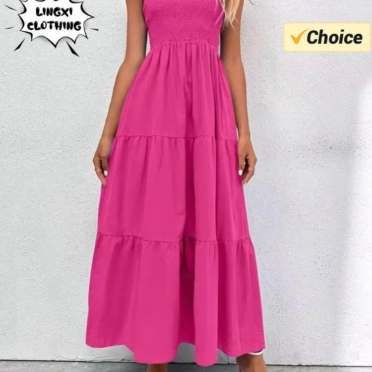 2024 Summer New Solid Color Long Dress with Hanging Straps Elegant and Pleated Dress Commuter Style Fashion Women's Puff Skirt