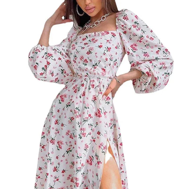 Women summer dress 2023 new square collar temperament elegant printed lantern sleeve slit woman dresses vestidos GHH8551