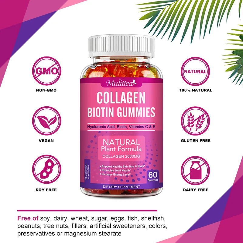 Mulittea Biotin Collagen Gummies Fixed Hair Skin Care Nail Health Increase Collagen Protein Vitamins C E Dietary Supplement