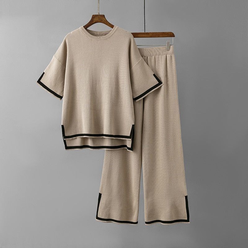 WAYOFLOVE Women Knitted Sweater Two Pieces Sets Spring Autumn O-Neck Loose Pullovers Sweater Tops & Wide-Leg Pants Knitwear Suit Plus size - Jointcorp
