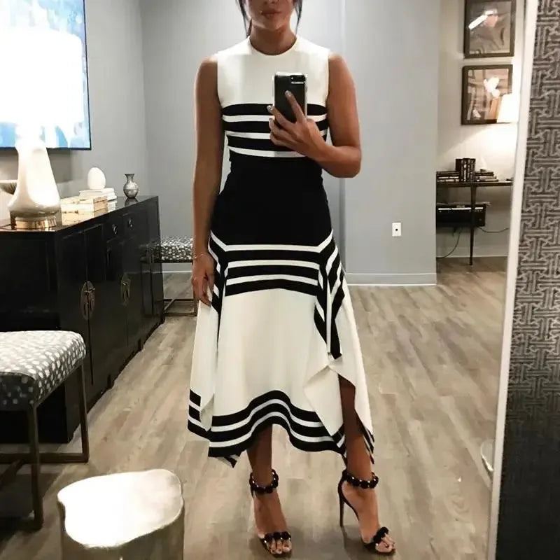 Fashionable Summer Striped Black White Sleeveless Round Neck Dress Casual Base Skirt Western Style For Women