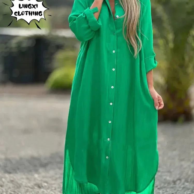Summer New Women's Cotton and Hemp Plus Size Dress Elegant Shirt Long Dress Fashionable Casual Long Sleeve Beach Style Dress