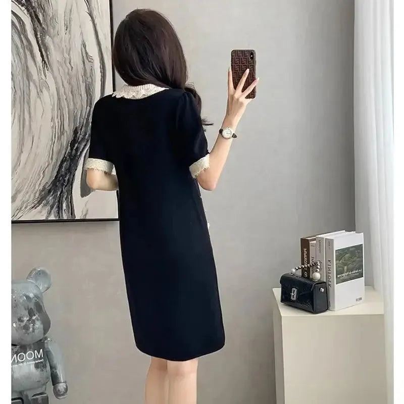 Spring New Vintage Beading Women's Knitted Mini Dress Elegant Bow Peter Pan Collar Short Sleeve Sweet A-Line Party Dresses K151