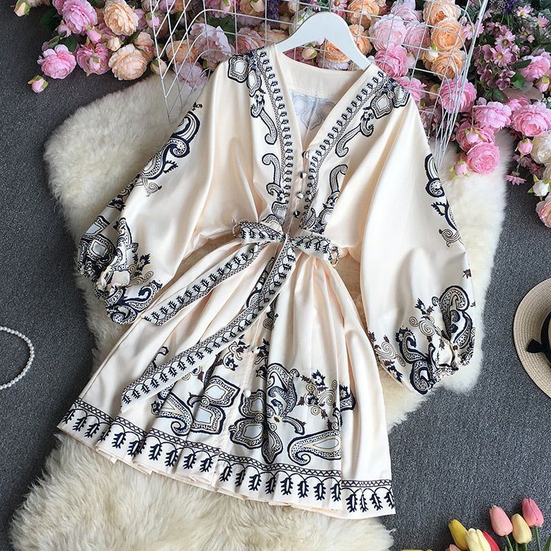 Spring Vintage Printed V-neck Long Sleeved Short Dress Retro Floral Single Breasted Waist Ribbon A-line Midi Dress - Jointcorp