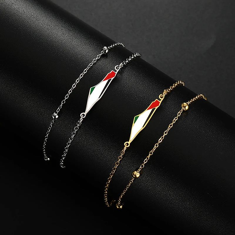 Enamel Palestine Map Charm Bracelet Double Layer Bead Chain For Women Men Gold Color Hand Bracelet Country Geography Jewelry