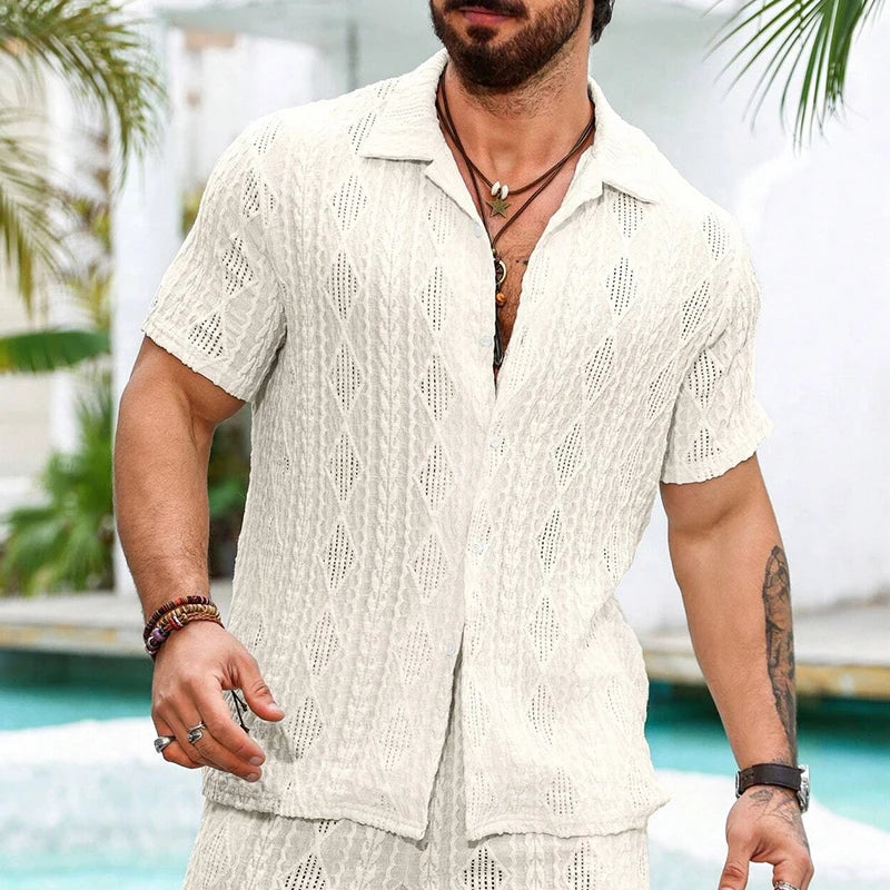 Beach Casual Breathable Mesh Lace Shirt Men Summer Vintage Hollow Out Lapel Button-up Cardigans Mens Shirts Short Sleeve Shirts