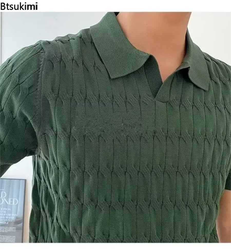 Summer Men's Jacquard Knitted Polo Shirts Stylish V-neck Short-sleeved Lapel Knit Pullover Tops Men Business Casual Wear T-shirt