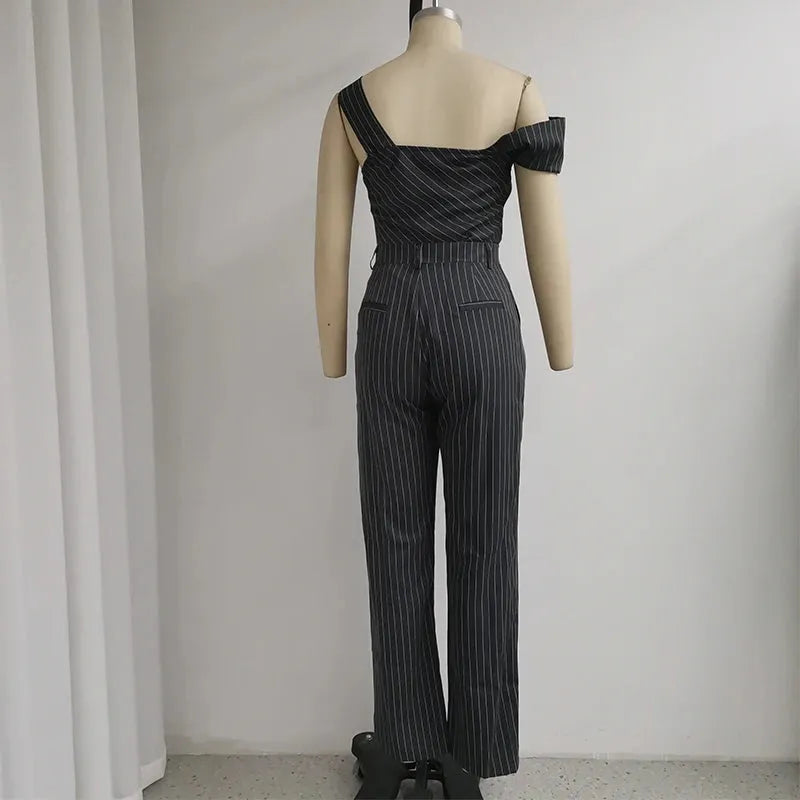 Women Two Piece Set Summer Office Off Shoulder Strap Single Sleeve Top Fahion Striped Loose Pants Suit High Streetwear