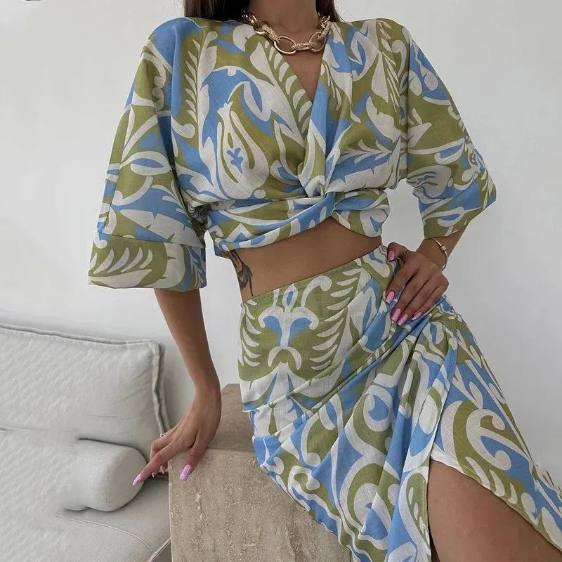 Women Two Piece Set Casual Half Sleeve V Neck Printed Cross High Waist Top Irregular Pleated Slit Slim Long Skirt Sets