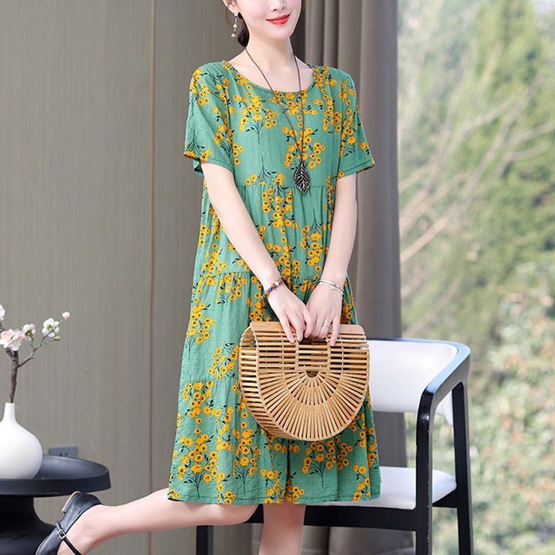 Women's dress, 2023, O-neck, printed, loose fit cotton, plus size - Jointcorp