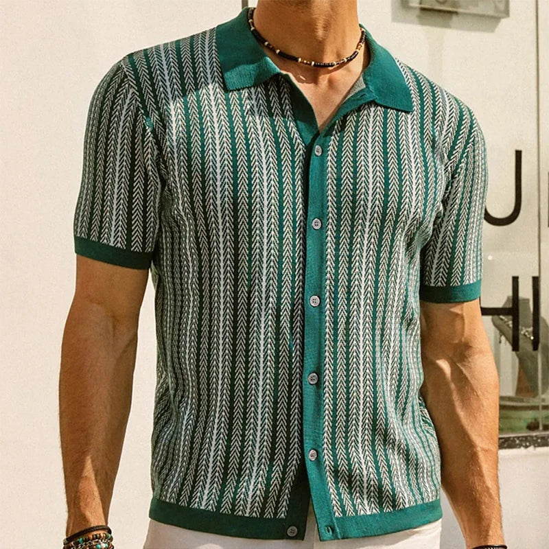 Streetwear Mens Knitwear Summer Short-sleeved Buttoned Lapel Casual Knit Shirt Men Cardigan Tops Vintage Jacquard Striped Shirts