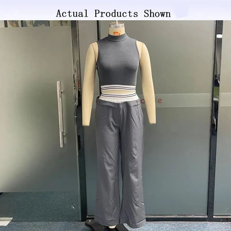 Women Two Piece Set Summer Stylish Round Neck Sleeveless Slim Tank Top Loose Wide Legs No Belt Pants Sets Streetwear