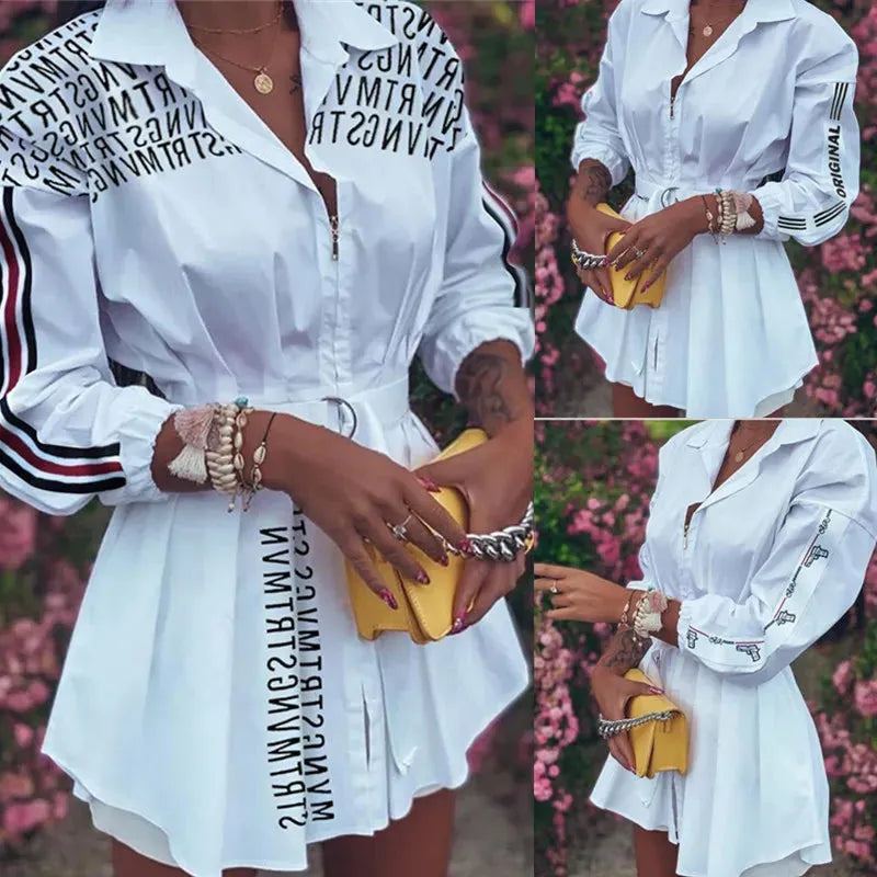 Fashion Long Sleeve Letter Print Shirt Dress Women Spring Pleated Lace Up Dresses For Women 2023 Office Elegant Zipper Vestidos