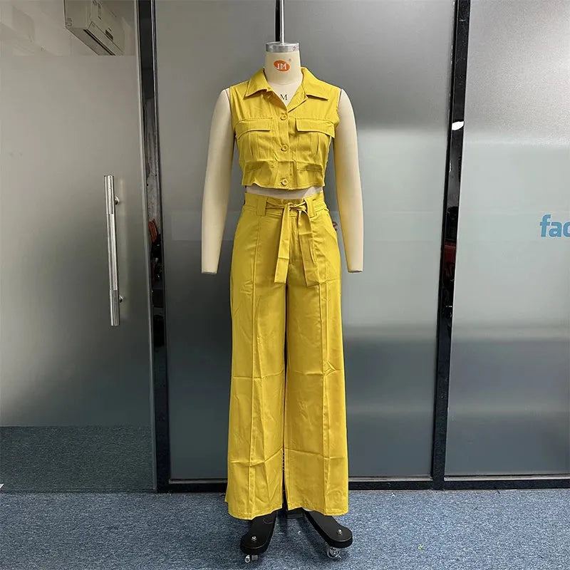 Women Two Piece Set Fashion Lapel Solid Single Row Button Sleeveless Top Loose Wide Legs Lace Up Pockets Pants Sets