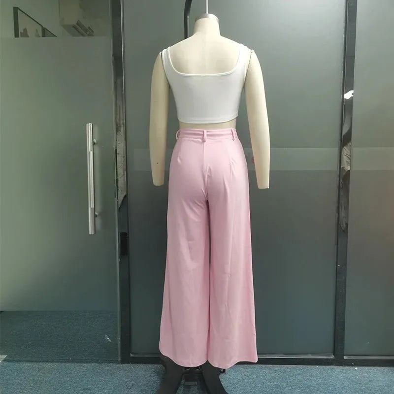 Women Two Piece Set 2023 Summer Casual Sleeveless Square Neck Solid Tank Top Loose Wide Legs Drawstring Pants Sets