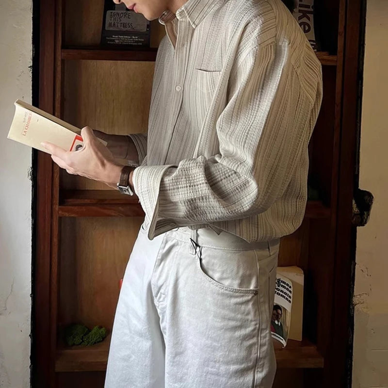 Vintage Striped Textured Mens Shirts Long Sleeve Button-up Turn-down Collar Casual Shirt 2025 Spring Autumn Trendy Slim Cardigan