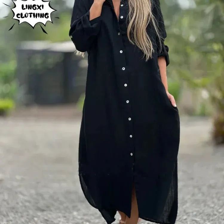 Summer New Women's Cotton and Hemp Plus Size Dress Elegant Shirt Long Dress Fashionable Casual Long Sleeve Beach Style Dress